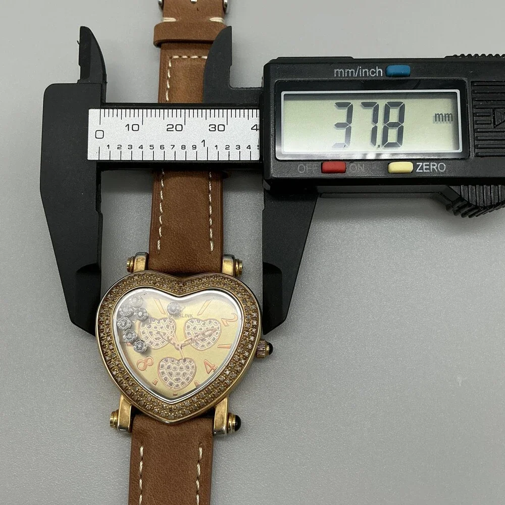 Starlink Womens Watch 38mm Gold Tone Heart Diamond Bezel Leather New Battery